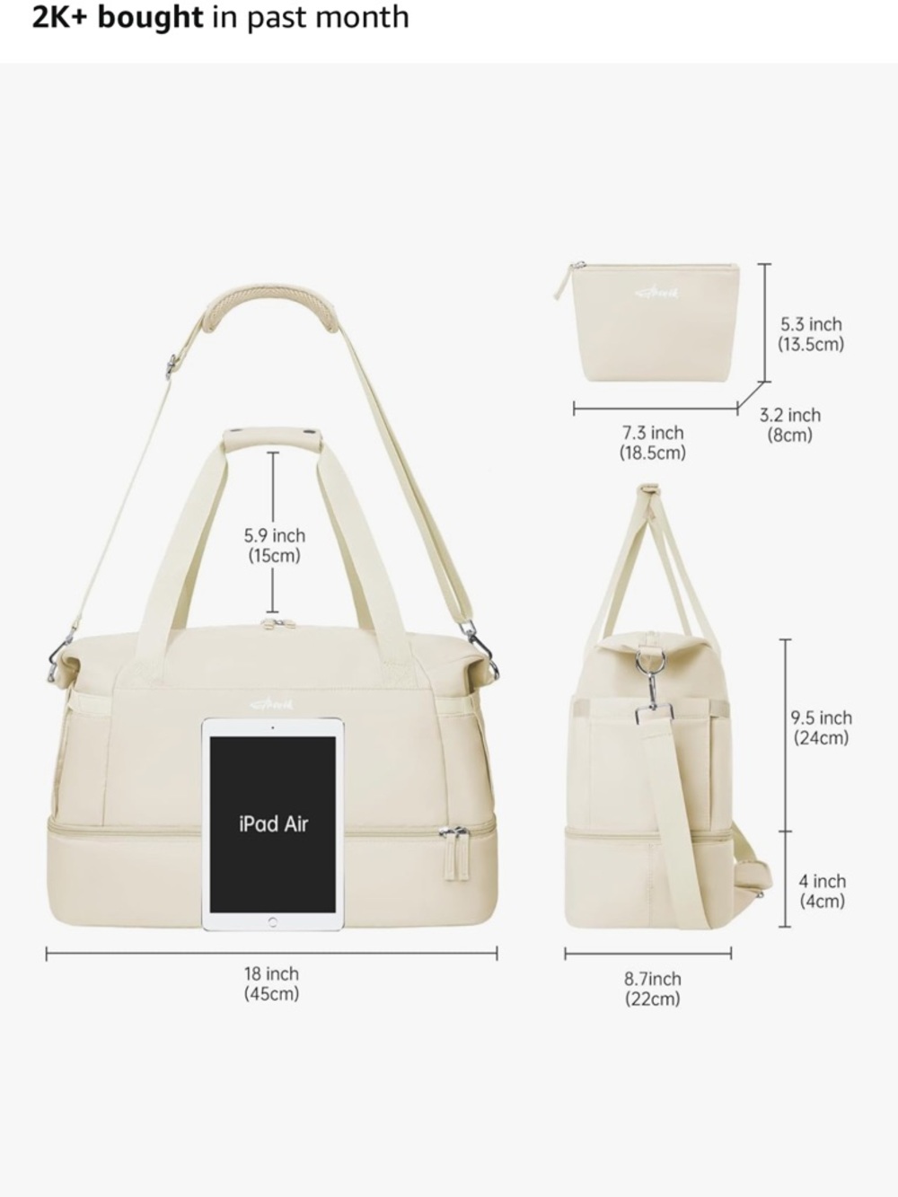 Cream Travel Duffel Bag - Lightweight Weekend Bag - Picture 3 of 3